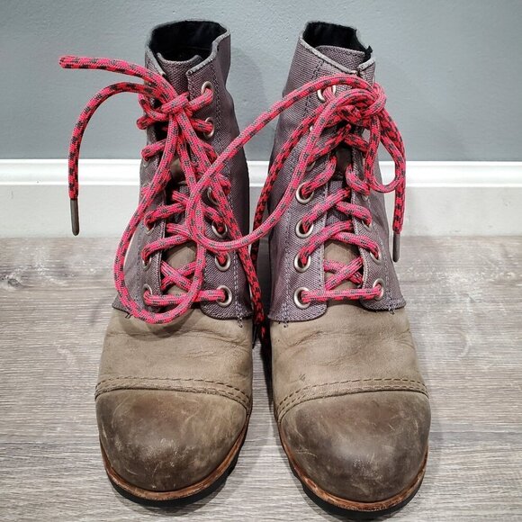 SOREL Women's PDX Boots Khaki Leather Canvas hidden Wedge Heel Lace Up Sz 9 READ - Picture 2 of 16